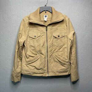 Gap Womens Tan Cotton Aviation-Style Jacket L With Ribbed Collar & Pockets